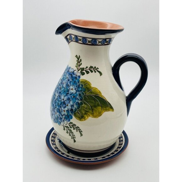 Casafina Pitcher Jug Hydrangea Blue Hand Painted Portugal W Under Plate Large - Picture 2 of 12